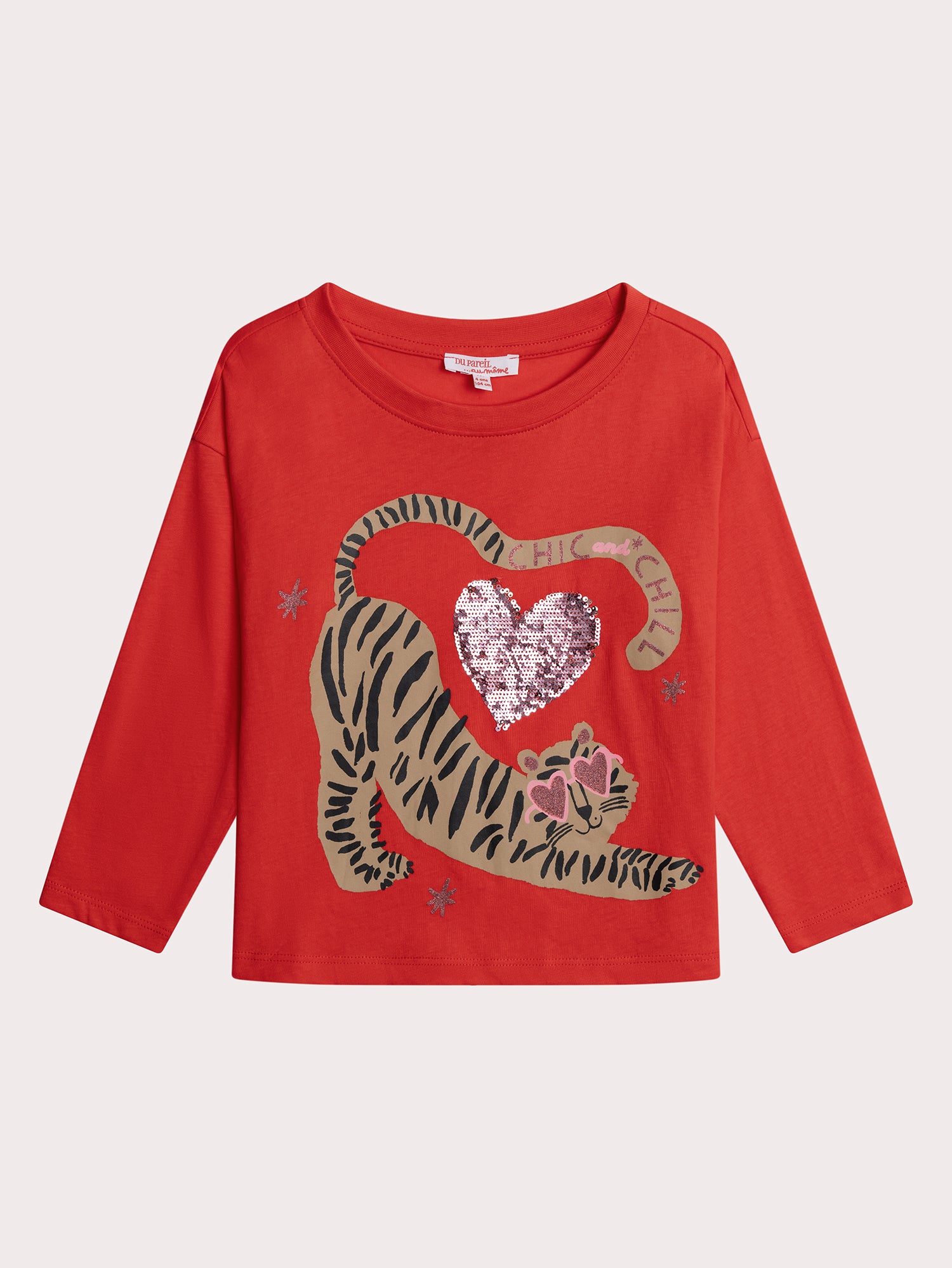 T-shirt Manches Longues Rouge Animation Tigre Et Coeur Sequins Magiques - 4 ans - Fille - Du Pareil Au Même