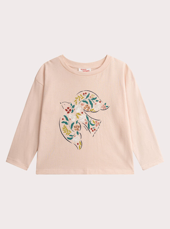 T-shirt rose poudrée animation irondelle pour fille VAKLITEE2 / 24W90142TMLD319