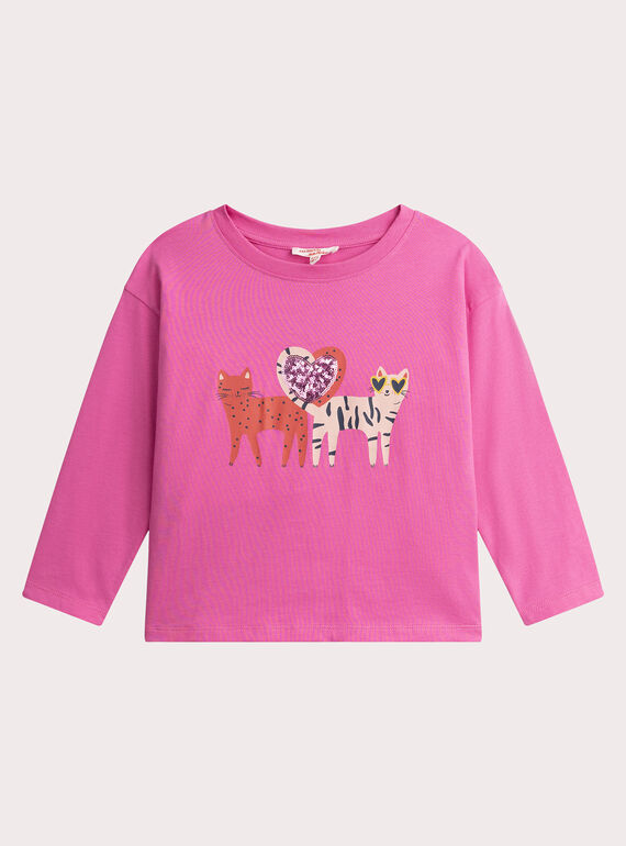 T-shirt rose animation chats à sequins pour fille VAROTEE2 / 24W901P2TMLD330