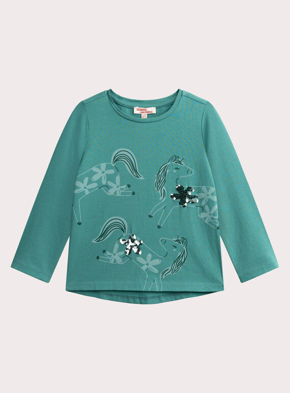 T-shirt turquoise imprimé cheval pour fille VAJOYTEE5 / 24W901I1TML215